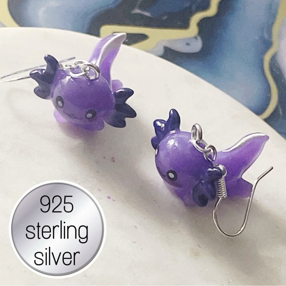 Purple axolotl cute 925 Sterling Silver  Earrings